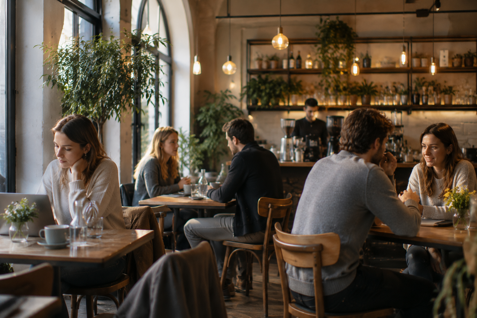 Modern cafe with warm atmosphere and subtle background music environment