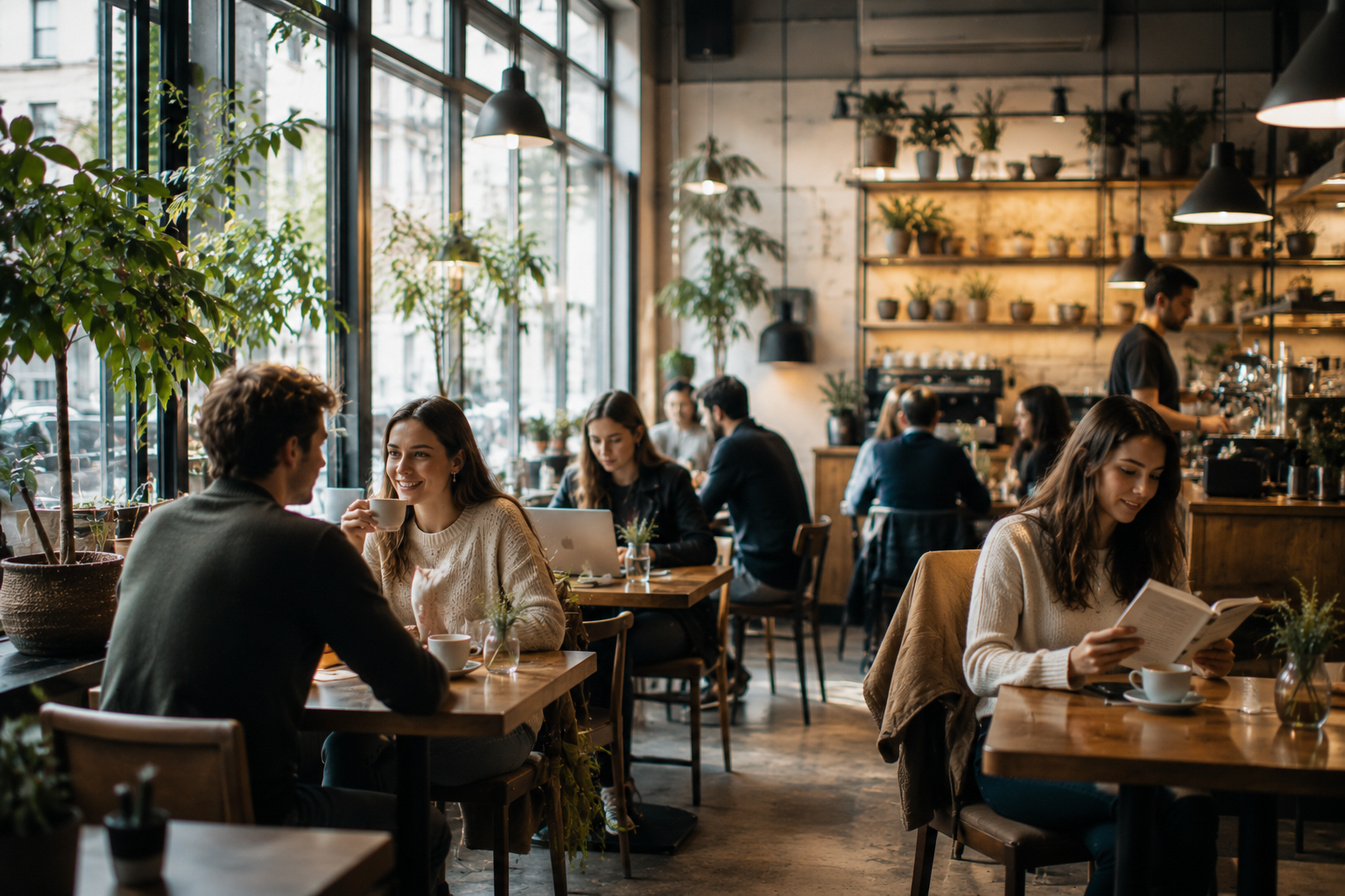 Modern cafe interior with customers enjoying relaxed atmosphere and background music