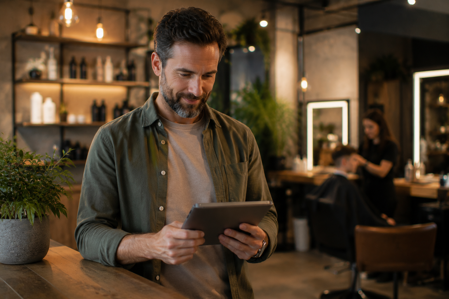 Business owner using streaming service on tablet inside commercial environment