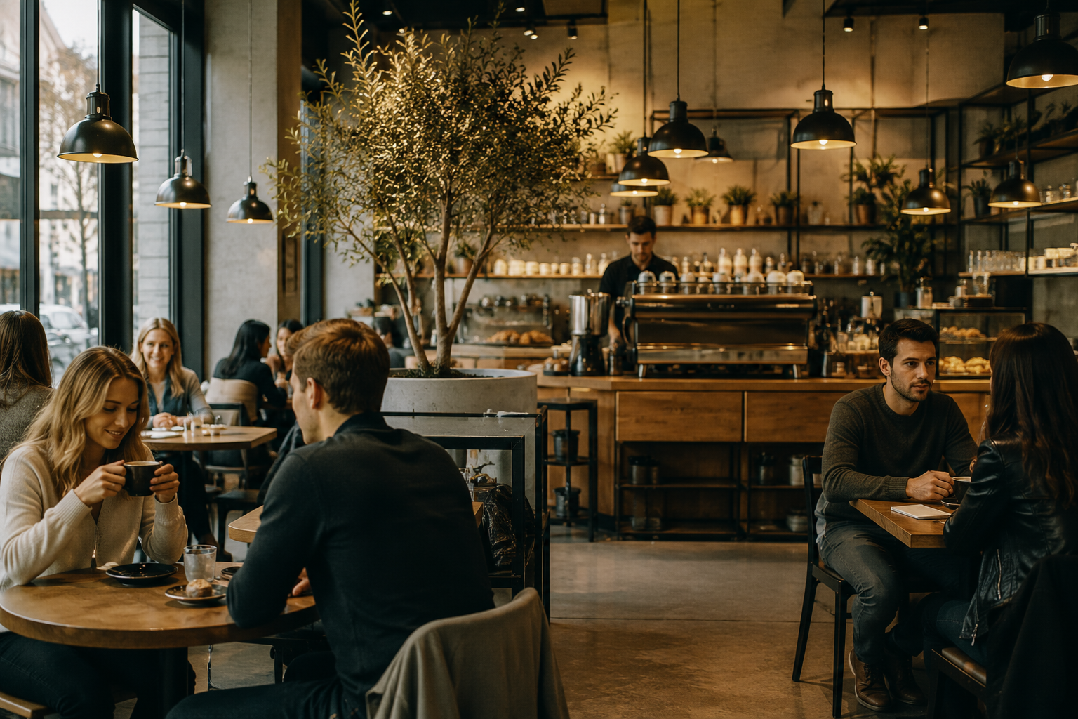 Modern cafe using curated music playlists to create atmosphere