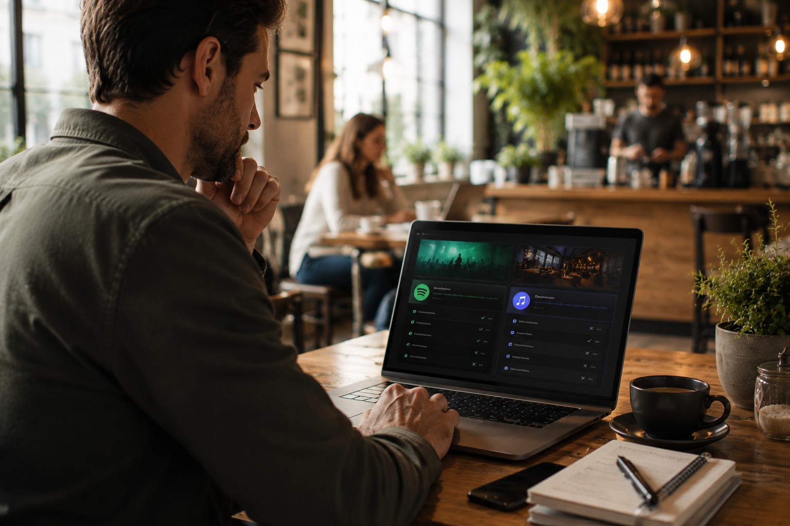 Business owner comparing Spotify and licensed music solutions for a commercial environment