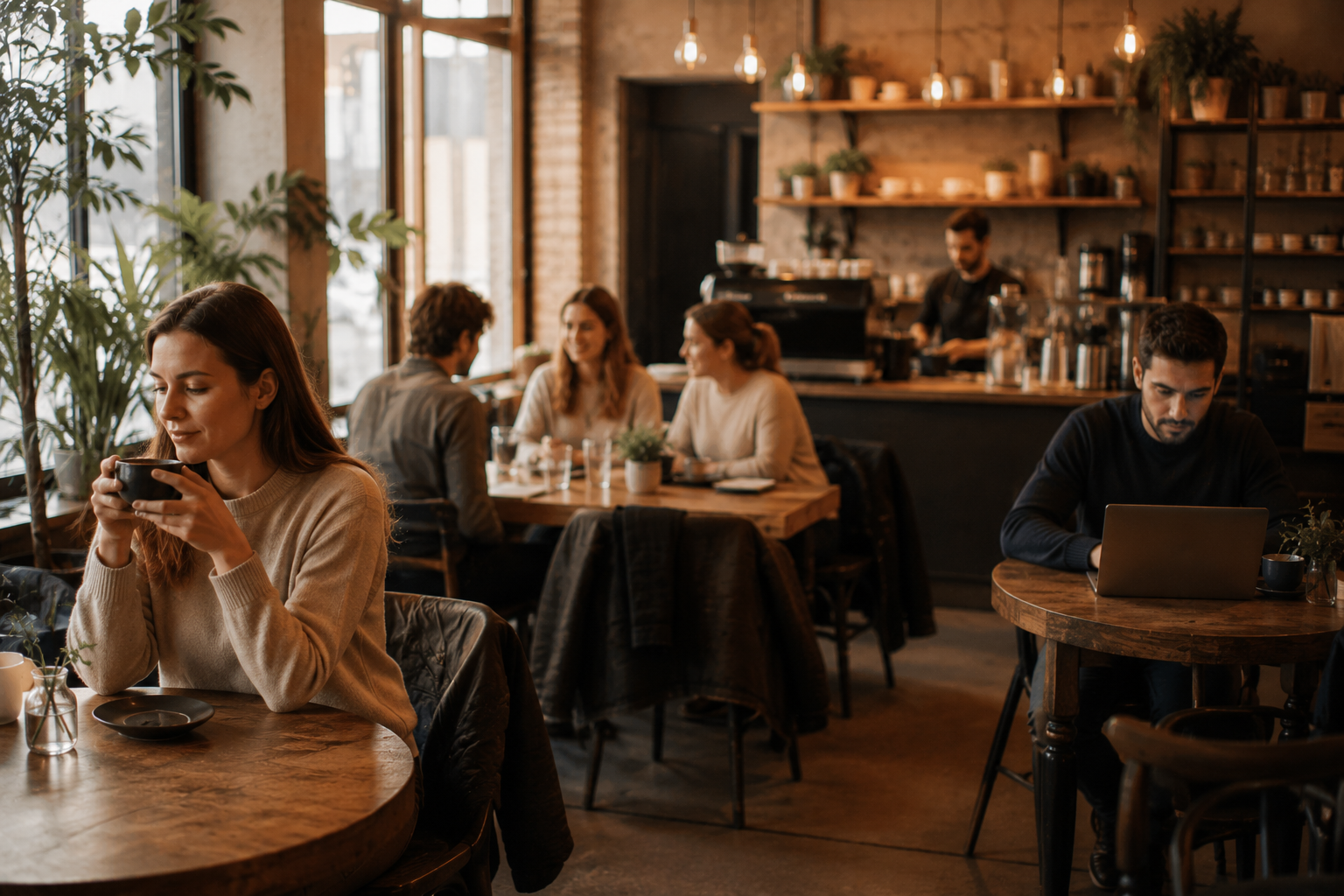 Customers inside a modern cafe with background music atmosphere