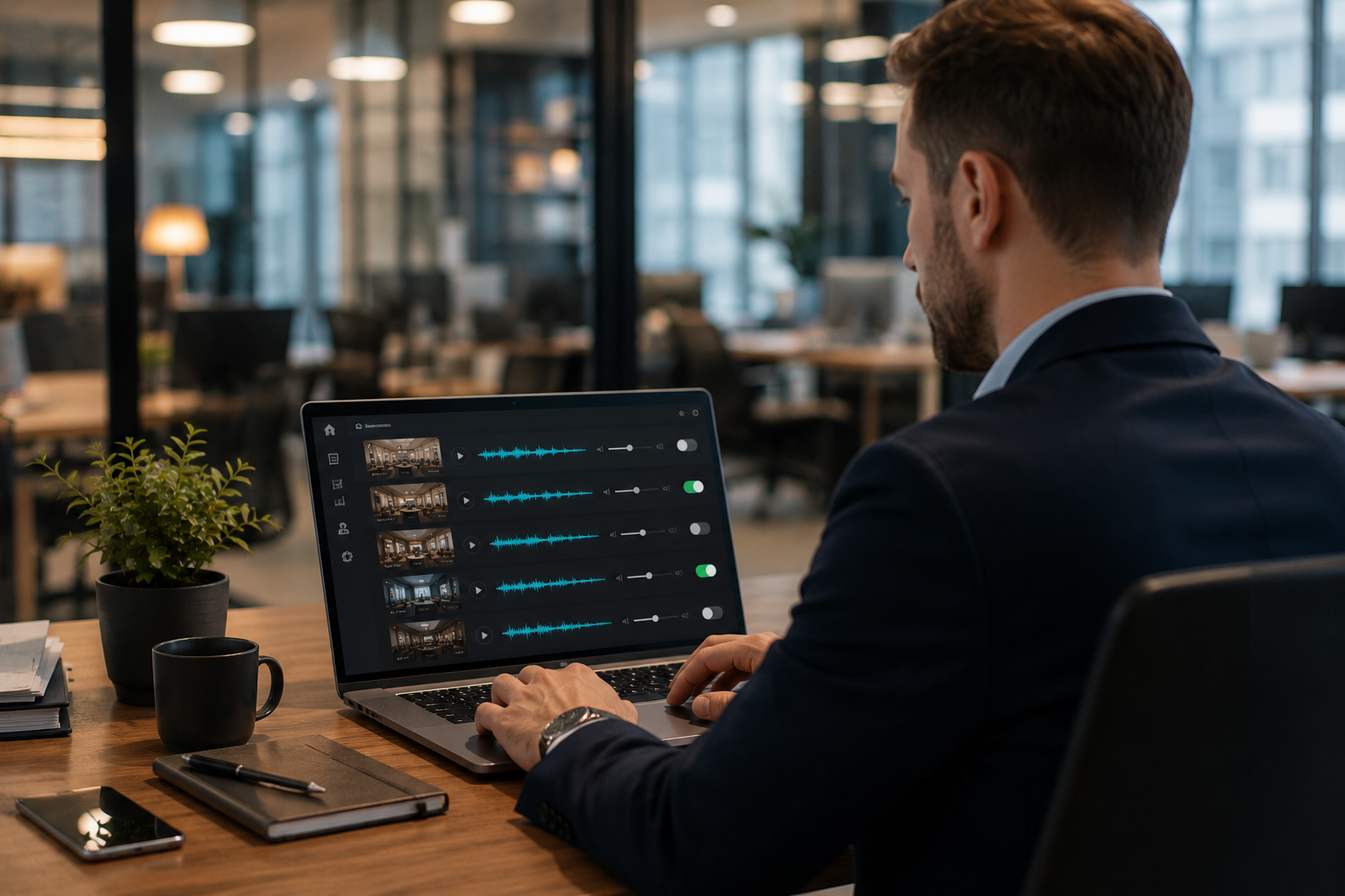 Business manager controlling music across multiple business locations