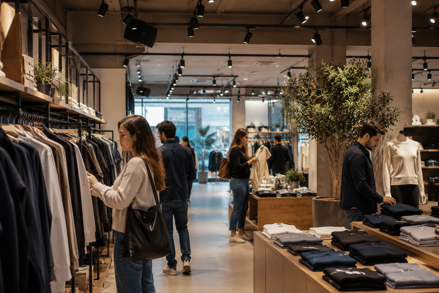 Modern retail store using promotional audio announcements and background music