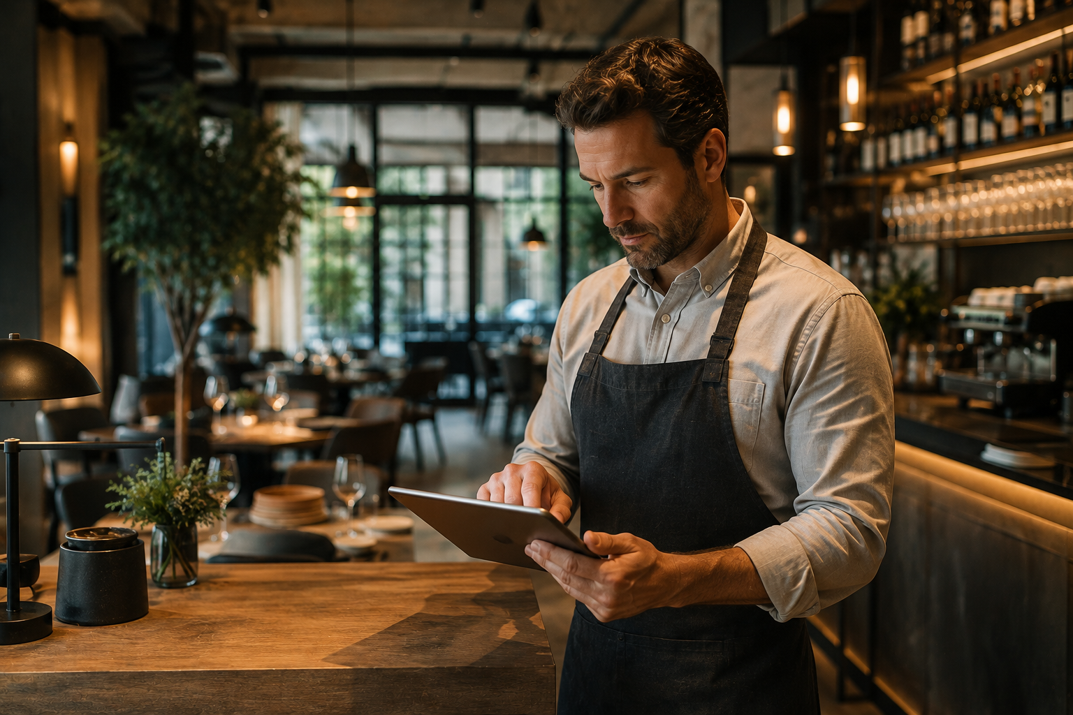 Restaurant manager selecting licensed background music